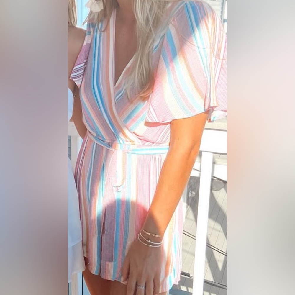 Blue Rain Pink and Blue Puff Sleeve Wrap Romper
